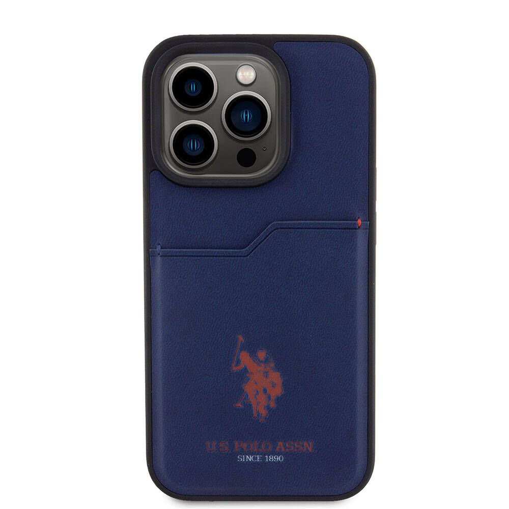 Apple iPhone 15 Pro Case US Polo Assn. Original Licensed Print Logo PU Card Holder Cover Navy Blue