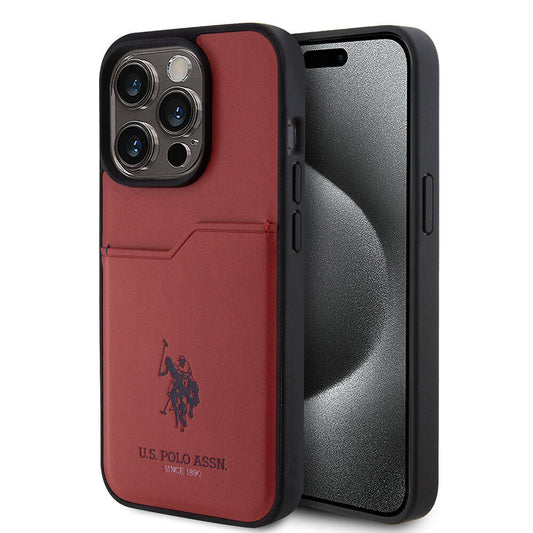 Apple iPhone 15 Pro Case US Polo Assn. Original Licensed Printed Logo PU Card Holder Cover Red