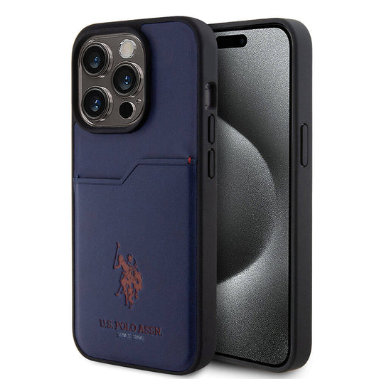 Apple iPhone 15 Pro Case US Polo Assn. Original Licensed Print Logo PU Card Holder Cover Navy Blue