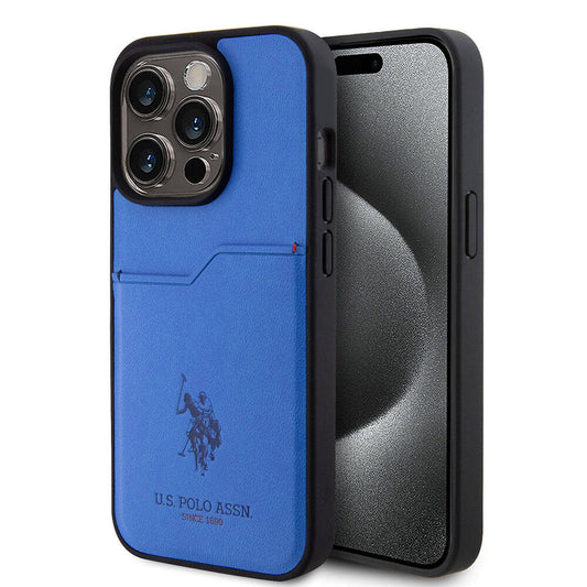 Apple iPhone 15 Pro Case US Polo Assn. Original Licensed Printed Logo PU Card Holder Cover Blue