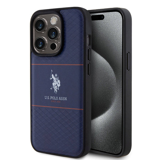 Apple iPhone 15 Pro Case US Polo Assn. Original Licensed Leather Stripe Logo Design Cover Navy Blue
