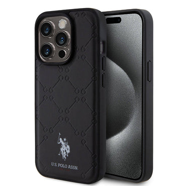 Apple iPhone 15 Pro Case US Polo Assn. Original Licensed HS Patterned Print Logo Faux Leather Cover Black
