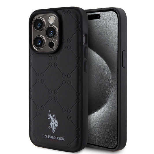 Apple iPhone 15 Pro Case US Polo Assn. Original Licensed HS Patterned Print Logo Faux Leather Cover Black