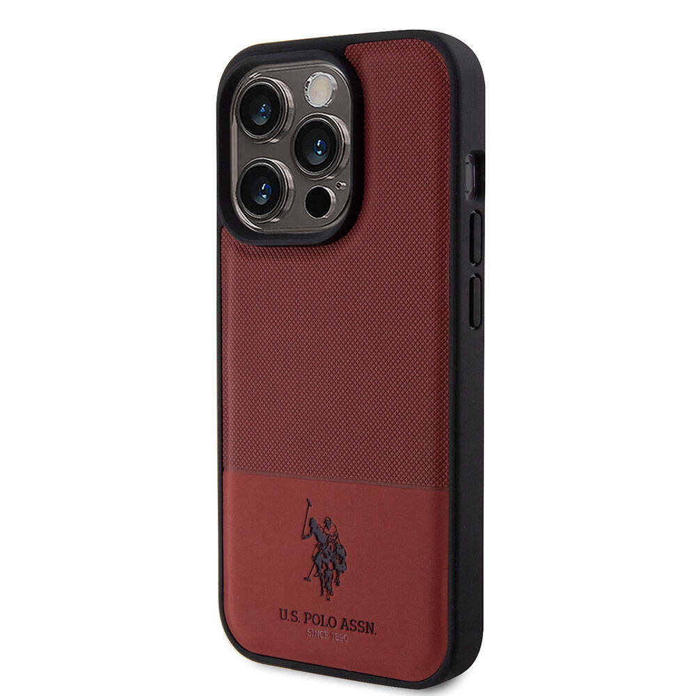 Apple iPhone 15 Pro Case US Polo Assn. Original Licensed Faux Leather Back Cover with Printed Logo and Knitted Pattern Red