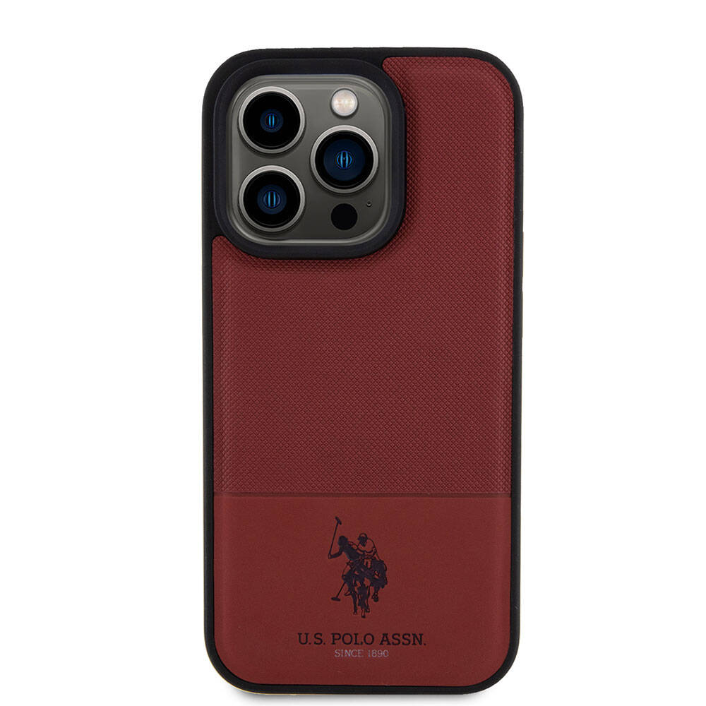 Apple iPhone 15 Pro Case US Polo Assn. Original Licensed Faux Leather Back Cover with Printed Logo and Knitted Pattern Red