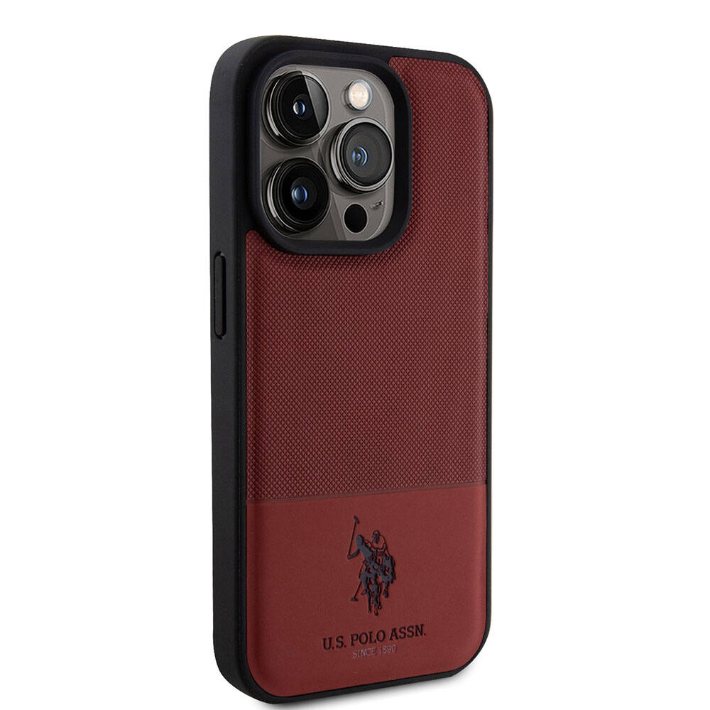 Apple iPhone 15 Pro Case US Polo Assn. Original Licensed Faux Leather Back Cover with Printed Logo and Knitted Pattern Red