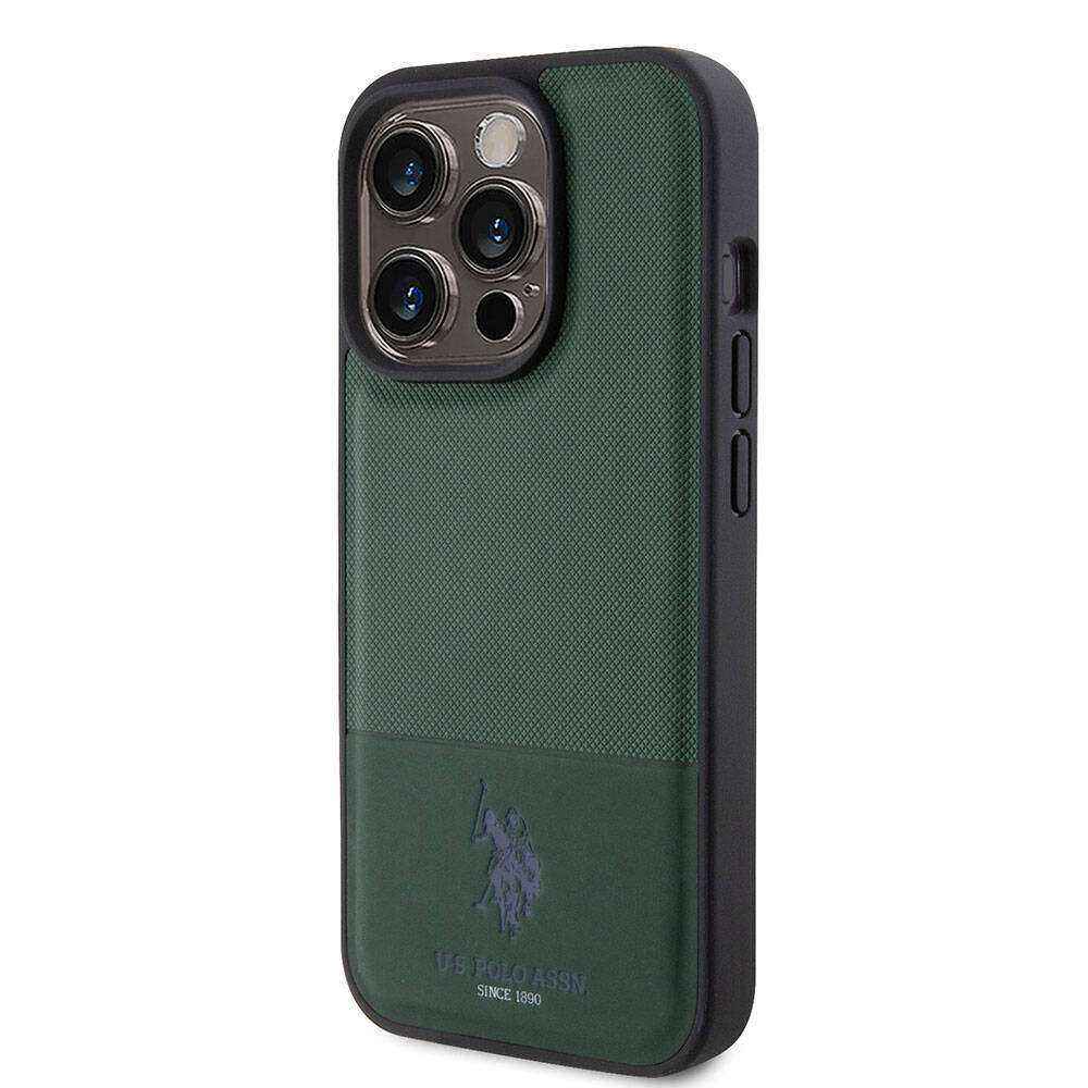 Apple iPhone 15 Pro Case US Polo Assn. Original Licensed Faux Leather Back Cover with Printed Logo and Knitted Pattern Navy Blue
