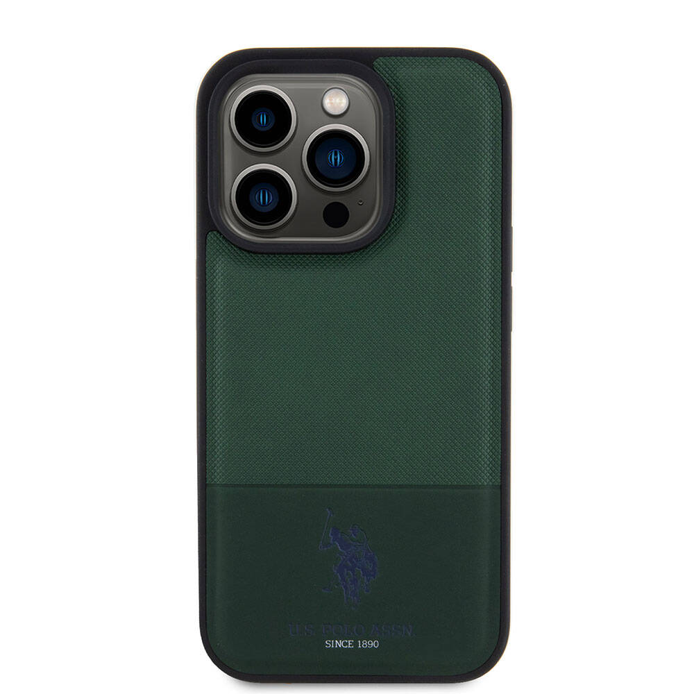 Apple iPhone 15 Pro Case US Polo Assn. Original Licensed Faux Leather Back Cover with Printed Logo and Knitted Pattern Navy Blue