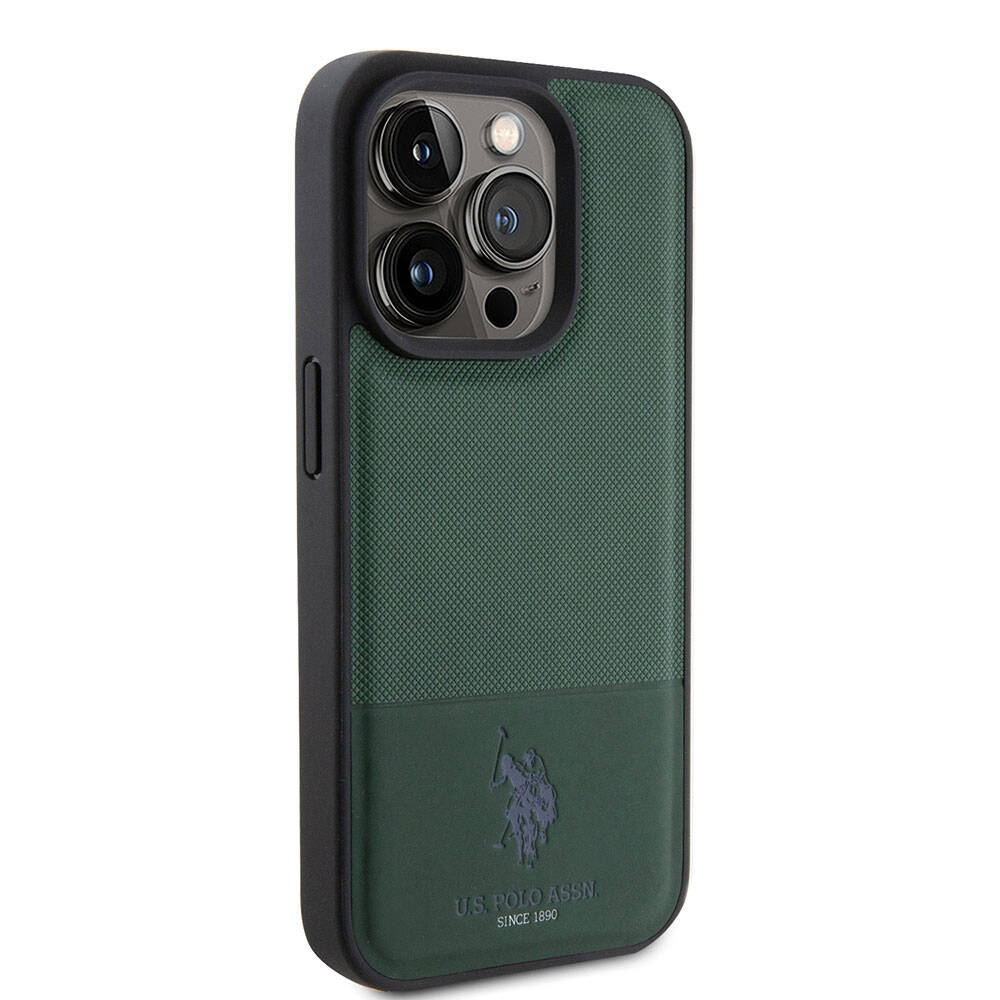 Apple iPhone 15 Pro Case US Polo Assn. Original Licensed Faux Leather Back Cover with Printed Logo and Knitted Pattern Navy Blue