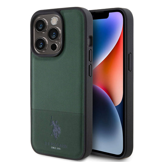 Apple iPhone 15 Pro Case US Polo Assn. Original Licensed Faux Leather Back Cover with Printed Logo and Knitted Pattern Green