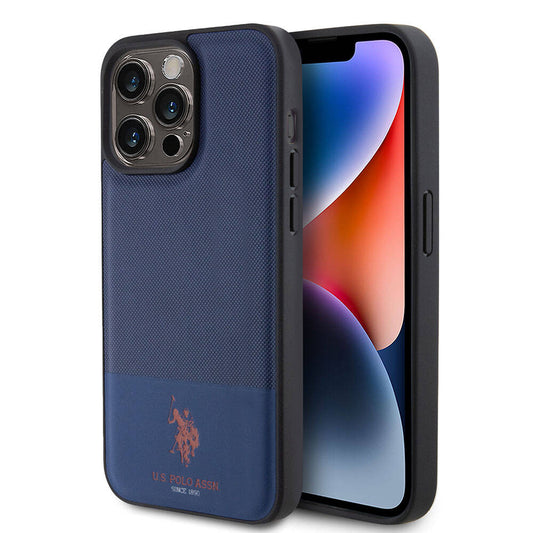 Apple iPhone 15 Pro Case US Polo Assn. Original Licensed Faux Leather Back Cover with Printed Logo and Knitted Pattern Navy Blue