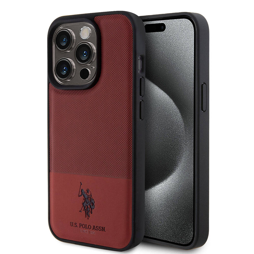 Apple iPhone 15 Pro Case US Polo Assn. Original Licensed Faux Leather Back Cover with Printed Logo and Knitted Pattern Red