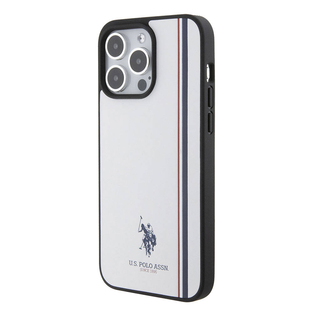 Apple iPhone 15 Pro Case US Polo Assn. Original Licensed Three Color Stripe Design Print Logo Cover White