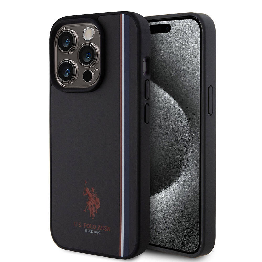 Apple iPhone 15 Pro Case US Polo Assn. Original Licensed Three Color Stripe Design Print Logo Cover Black