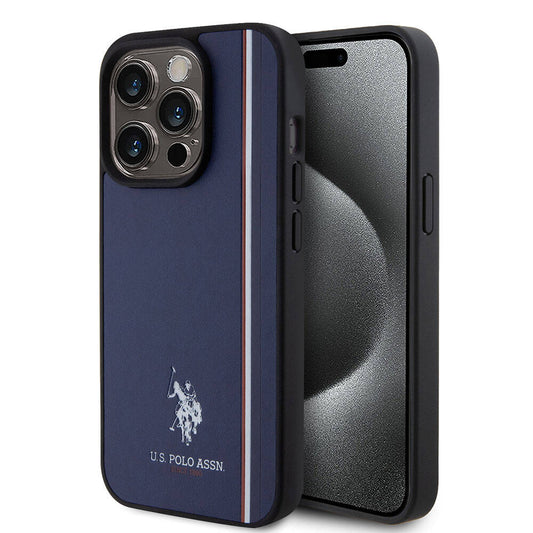 Apple iPhone 15 Pro Case US Polo Assn. Original Licensed Three-Color Stripe Design Print Logo Cover Navy Blue