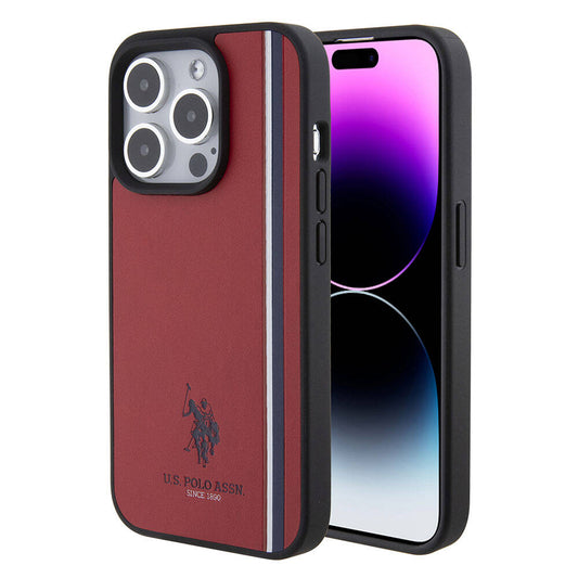 Apple iPhone 15 Pro Case US Polo Assn. Original Licensed Three Color Stripe Design Print Logo Cover Red
