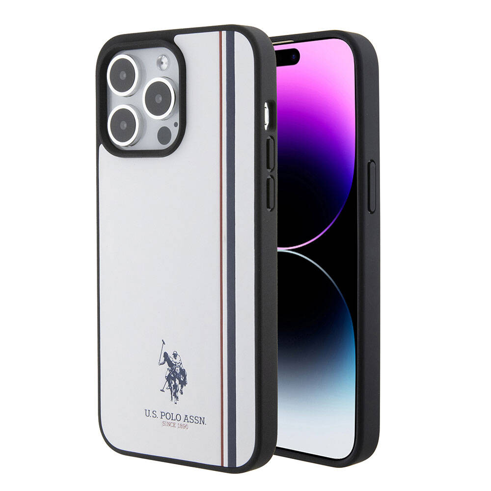 Apple iPhone 15 Pro Case US Polo Assn. Original Licensed Three Color Stripe Design Print Logo Cover White