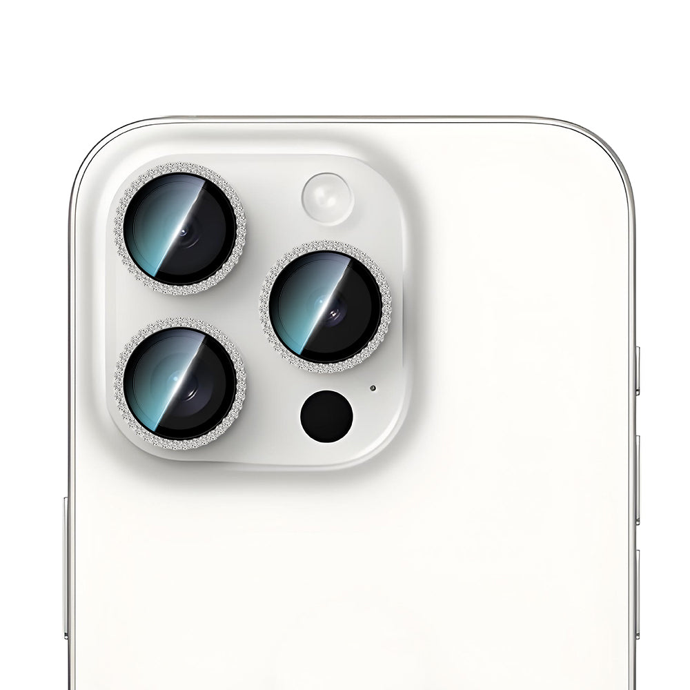 Apple iPhone 15 Pro Max CaseWorld Alloy Sparkling Diamond Series Stone Lens Protector Silver