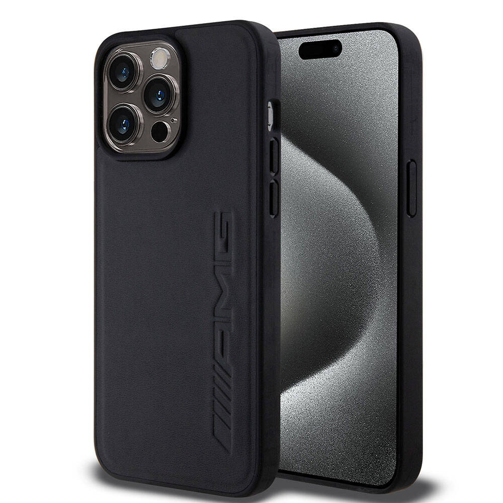 Apple iPhone 15 Pro Max Case AMG Original Licensed M-safe Charging Featured Leather Hot Stamped Cover Black