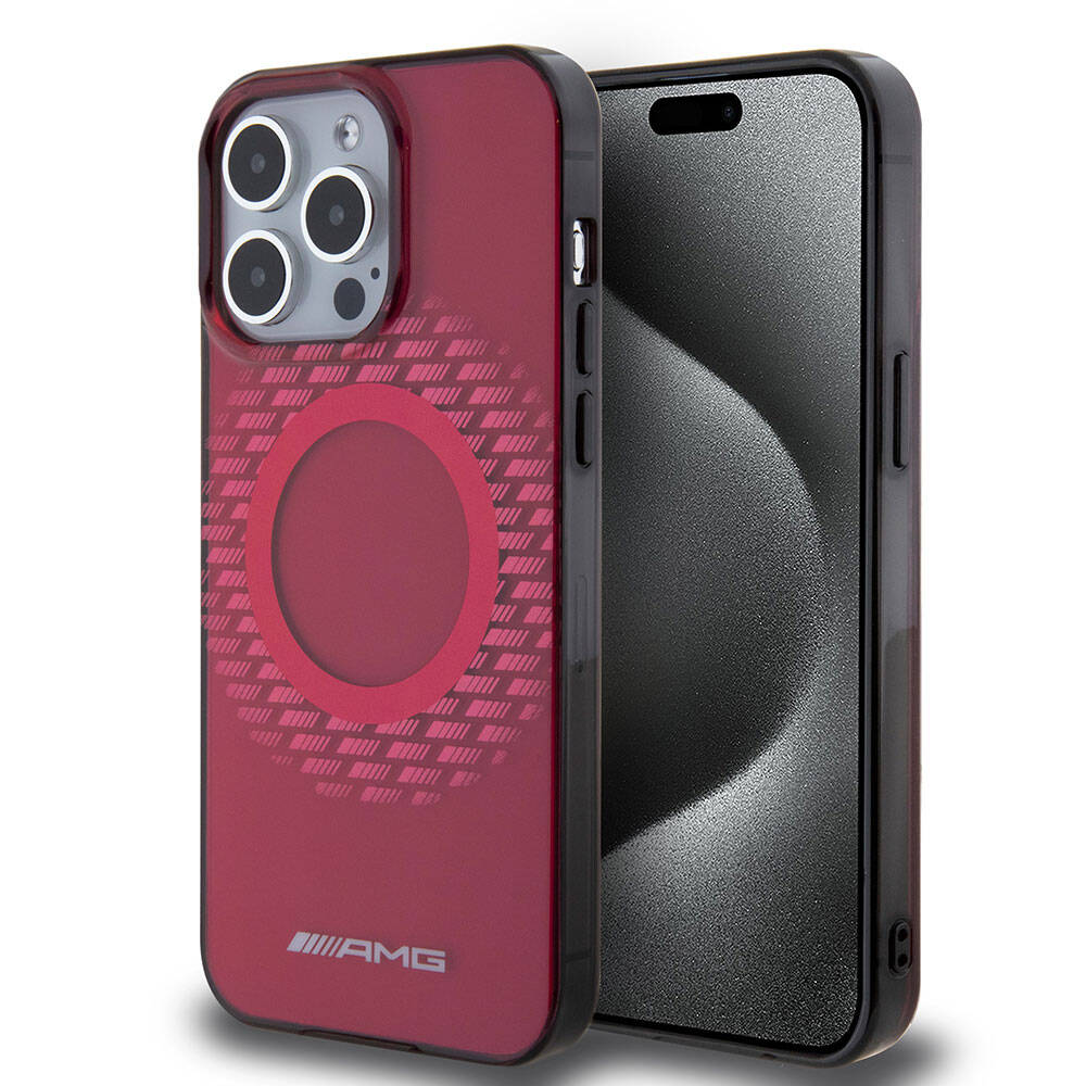 Apple iPhone 15 Pro Max Case AMG Original Licensed M-safe Charging Feature Rhombus Patterned Transparent Cover Red