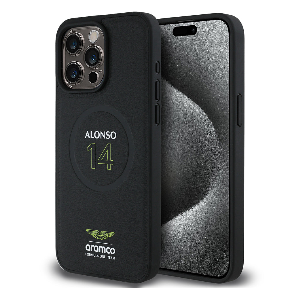 Apple iPhone 15 Pro Max Case Aston Martin Original Licensed M-Safe Charging Feature PU Leather Alonso 14 Printed Cover Black