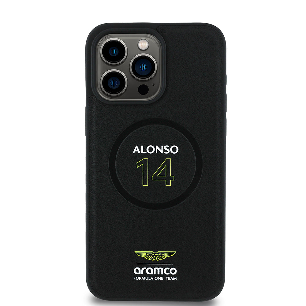 Apple iPhone 15 Pro Max Case Aston Martin Original Licensed M-Safe Charging Feature PU Leather Alonso 14 Printed Cover Black