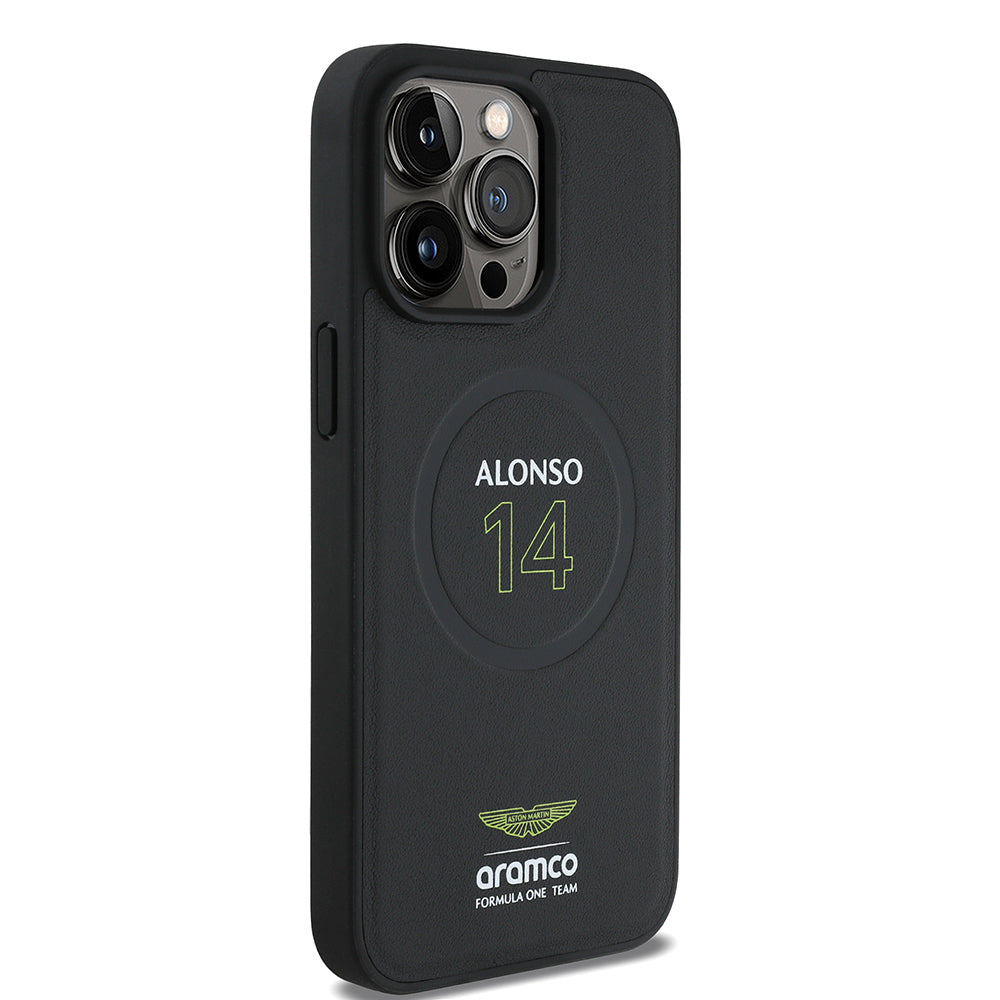 Apple iPhone 15 Pro Max Case Aston Martin Original Licensed M-Safe Charging Feature PU Leather Alonso 14 Printed Cover Black
