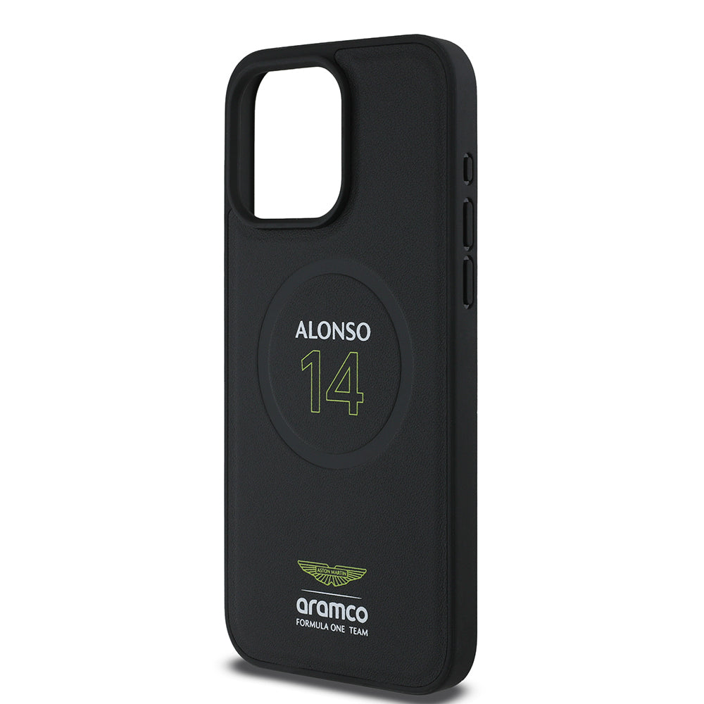 Apple iPhone 15 Pro Max Case Aston Martin Original Licensed M-Safe Charging Feature PU Leather Alonso 14 Printed Cover Black