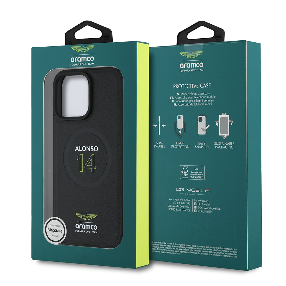 Apple iPhone 15 Pro Max Kılıf Aston Martin Orjinal Lisanslı M-safe Şarj Özellikli PU Deri Alonso 14 Baskılı Kapak Siyah