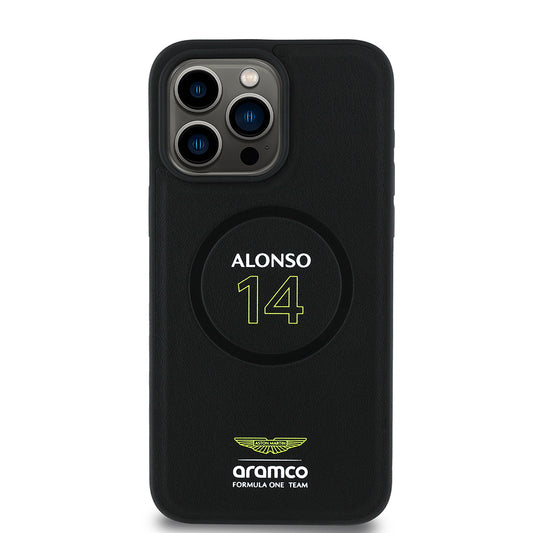 Apple iPhone 15 Pro Max Kılıf Aston Martin Orjinal Lisanslı M-safe Şarj Özellikli PU Deri Alonso 14 Baskılı Kapak