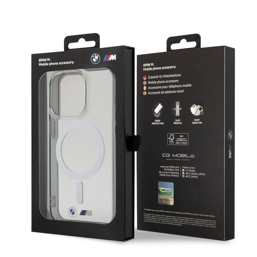 Apple iPhone 15 Pro Max Case BMW M-safe Charging Feature Transparent Silver Ring Original Licensed Cover Colorless