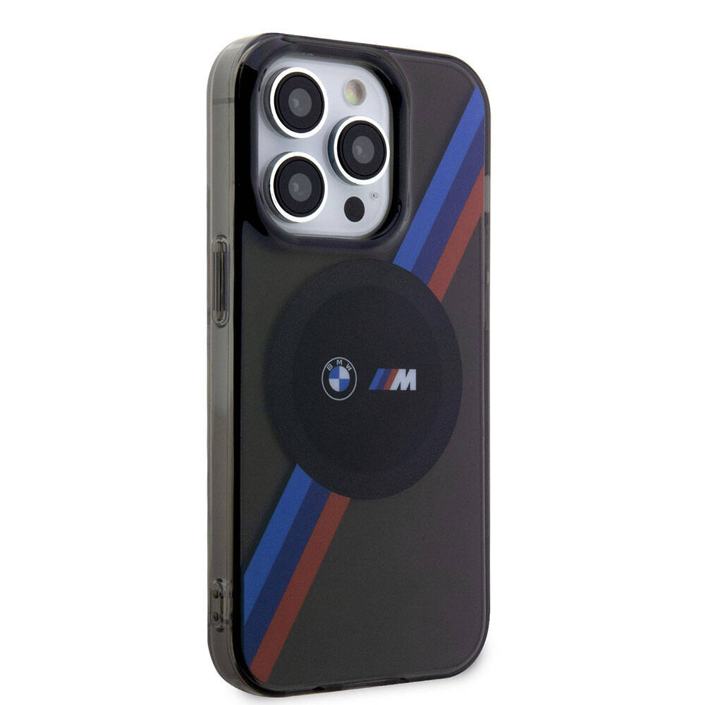 Apple iPhone 15 Pro Max Case BMW M-safe Charging Feature Transparent Tricolor Stripes Original Licensed Cover Gray