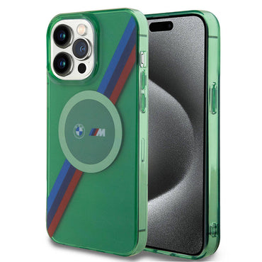 Apple iPhone 15 Pro Max Kılıf BMW M-safe Şarj Özellikli Transparan Tricolor Stripes Orjinal Lisanslı Kapak Yeşil