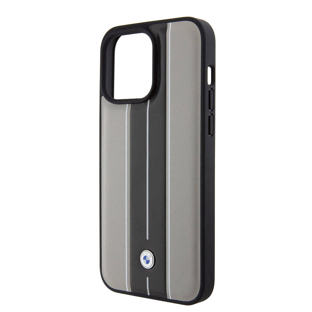 Apple iPhone 15 Pro Max Case BMW Original Licensed Leather Back Surface Metal Logo Double Stripe Design Cover Cream