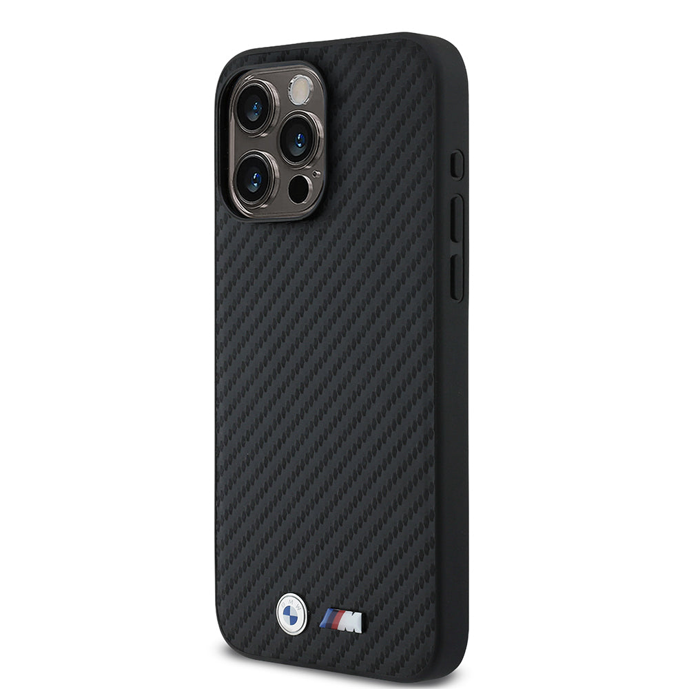 Apple iPhone 15 Pro Max Kılıf BMW Orjinal Lisanslı Karbon Fiber Tasarımlı ve Metal Logolu PU Deri Kapak Siyah