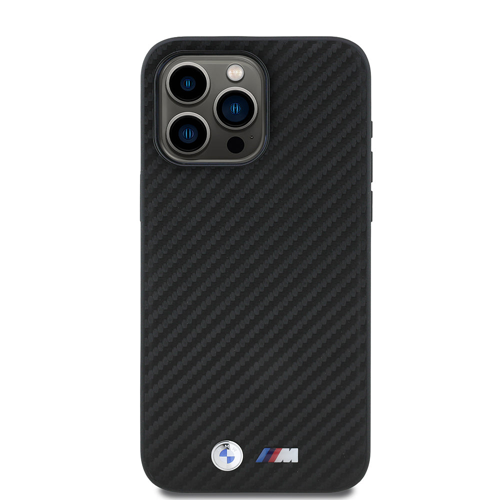 Apple iPhone 15 Pro Max Kılıf BMW Orjinal Lisanslı Karbon Fiber Tasarımlı ve Metal Logolu PU Deri Kapak Siyah