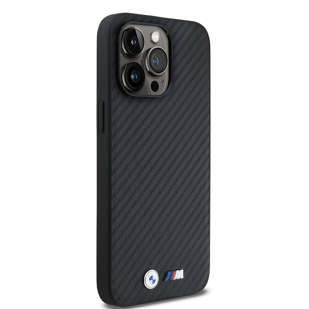 Apple iPhone 15 Pro Max Kılıf BMW Orjinal Lisanslı Karbon Fiber Tasarımlı ve Metal Logolu PU Deri Kapak Siyah