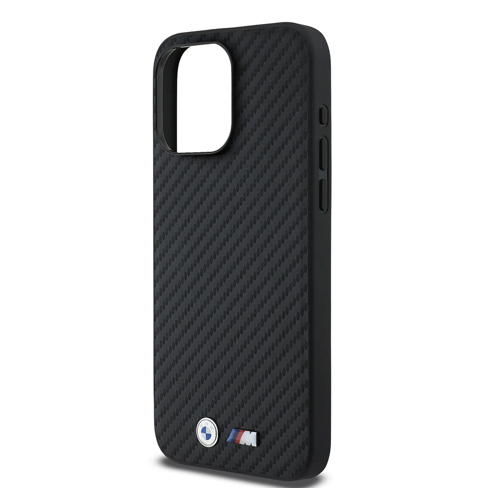 Apple iPhone 15 Pro Max Kılıf BMW Orjinal Lisanslı Karbon Fiber Tasarımlı ve Metal Logolu PU Deri Kapak Siyah