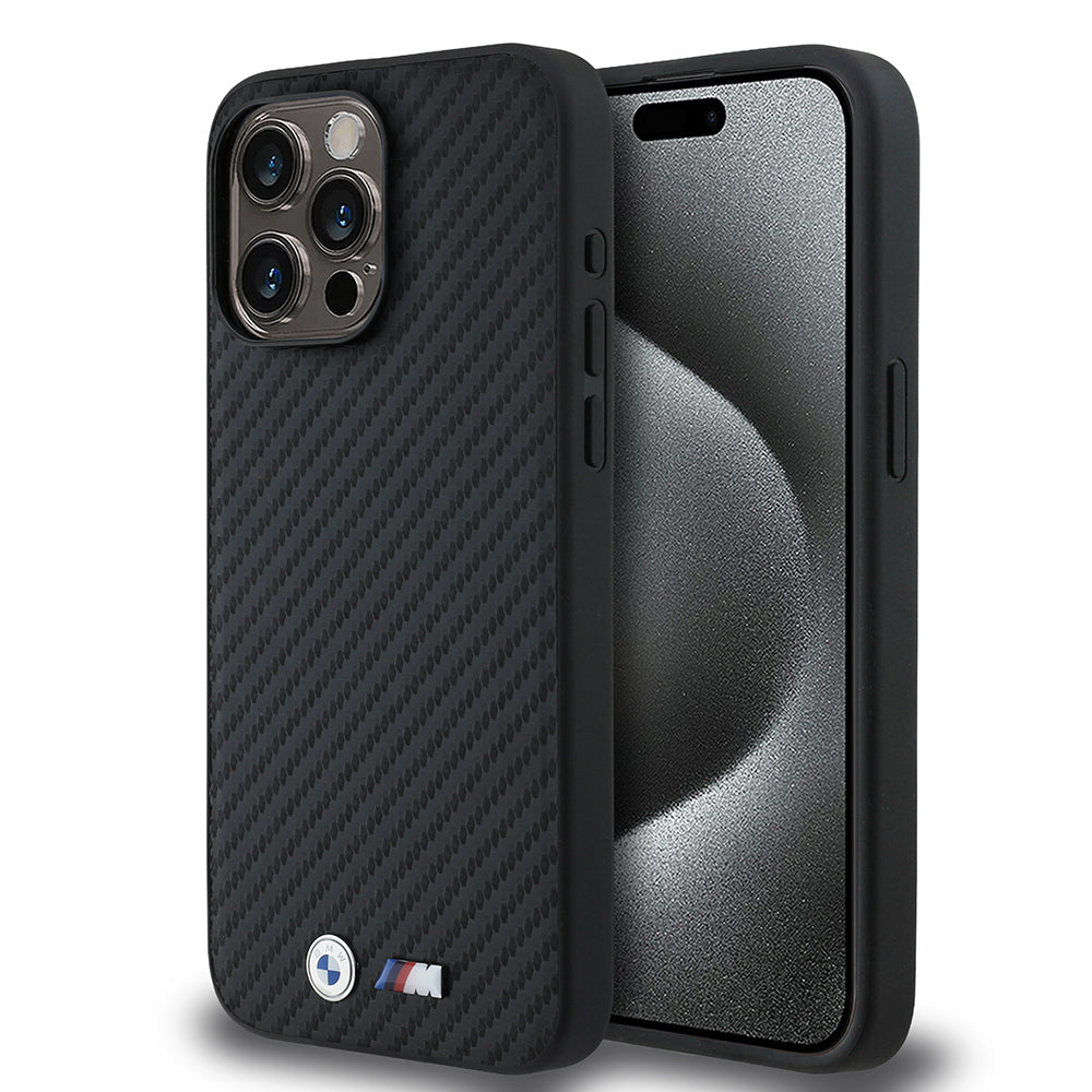 Apple iPhone 15 Pro Max Kılıf BMW Orjinal Lisanslı Karbon Fiber Tasarımlı ve Metal Logolu PU Deri Kapak Siyah