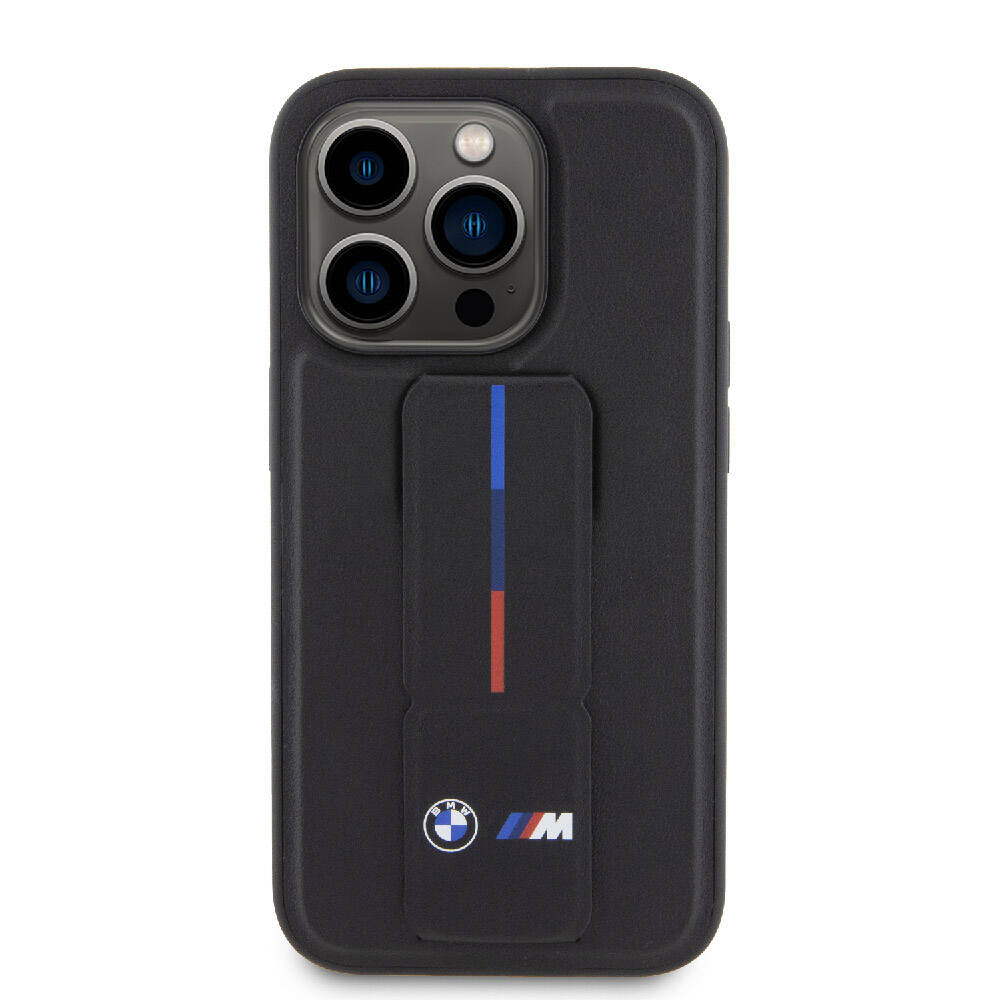 Apple iPhone 15 Pro Max Kılıf BMW Orjinal Lisanslı M Şerit ve Logolu Standlı Kapak Siyah