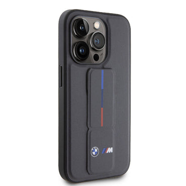 Apple iPhone 15 Pro Max Kılıf BMW Orjinal Lisanslı M Şerit ve Logolu Standlı Kapak Gri