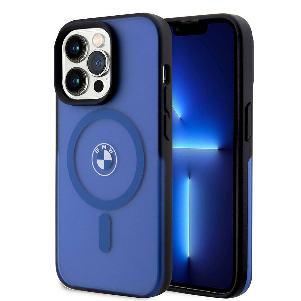 Apple iPhone 15 Pro Max Case BMW Original Licensed M-Safe Charging Feature IML Print Logo Frosted Matte Cover Blue