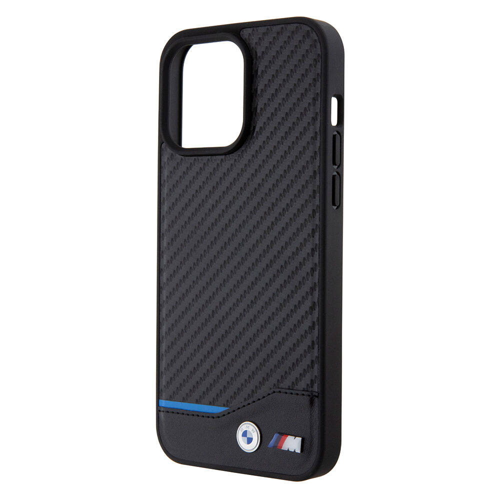 Apple iPhone 15 Pro Max Kılıf BMW Orjinal Lisanslı M-safe Şarj Özellikli M Logolu PU Karbon Kapak Siyah