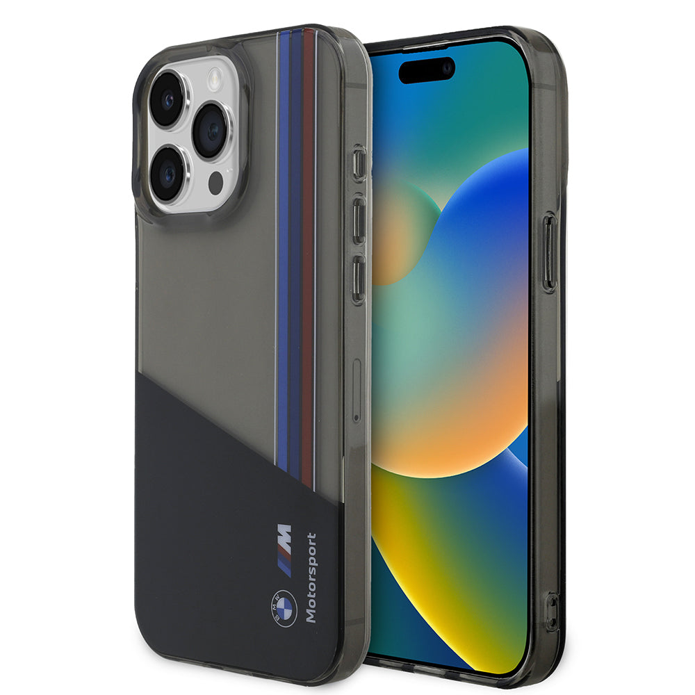 Apple iPhone 15 Pro Max Kılıf BMW Orjinal Lisanslı Yarı Transparan M Dizayn Çizgili Kapak Siyah