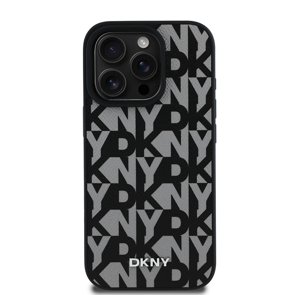 Apple iPhone 15 Pro Max Kılıf DKNY Orjinal Lisanslı M-safe Şarj Özellikli 3D Yazılı Grid Pattern Kapak Kahverengi