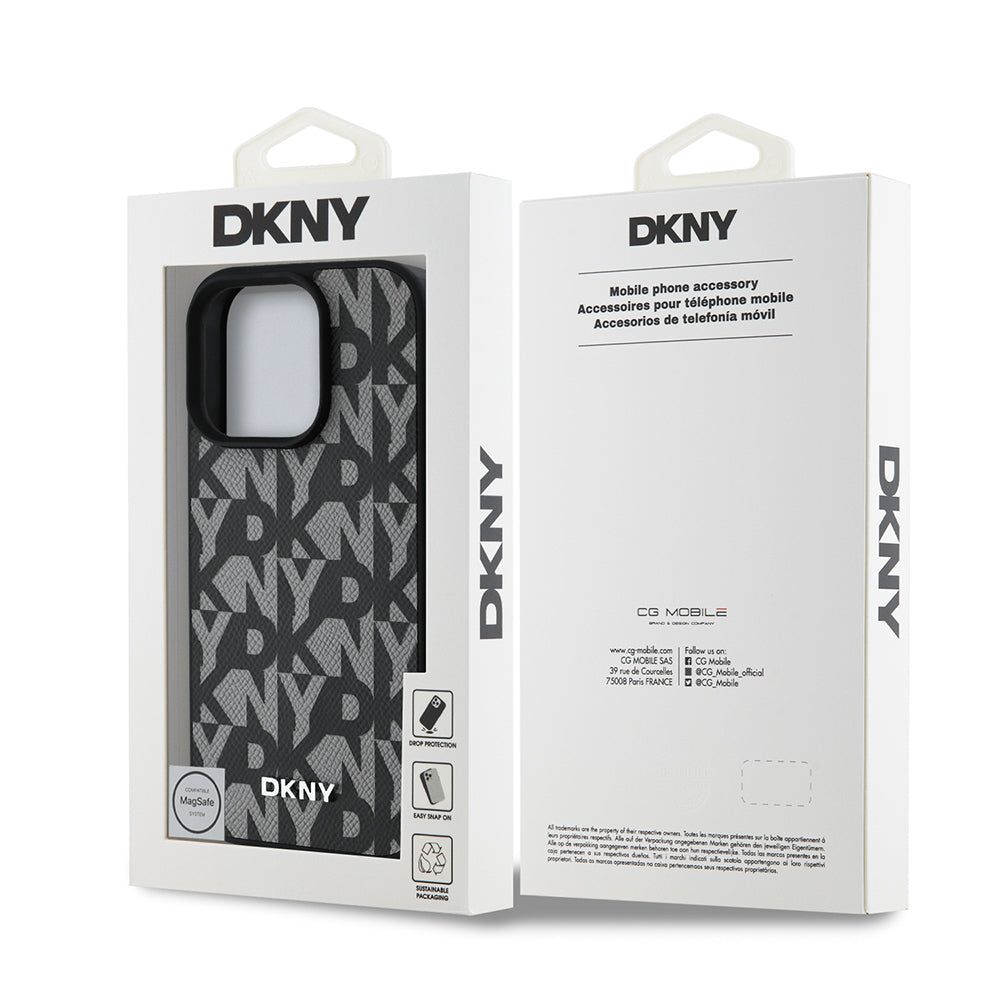 Apple iPhone 15 Pro Max Kılıf DKNY Orjinal Lisanslı M-safe Şarj Özellikli 3D Yazılı Grid Pattern Kapak Kahverengi