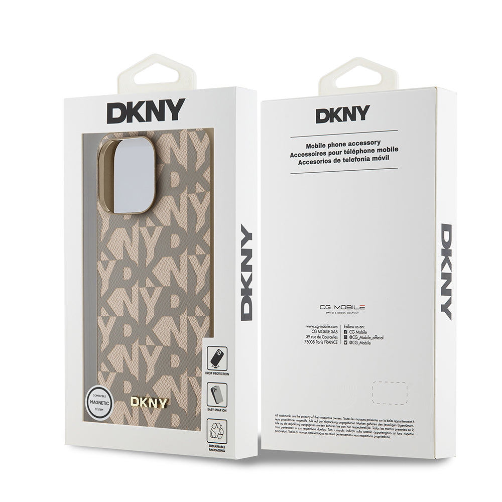 Apple iPhone 15 Pro Max Case DKNY Original Licensed M-safe Charging Feature 3D Printed Grid Pattern Cover Brown