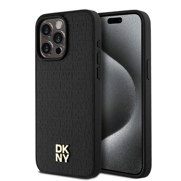 Apple iPhone 15 Pro Max Kılıf DKNY Orjinal Lisanslı M-safe Şarj Özellikli 3D Yazılı Repeat Pattern Kapak Siyah