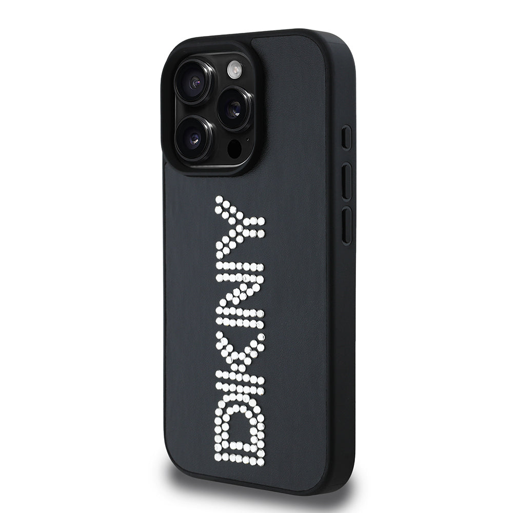 Apple iPhone 15 Pro Max Case DKNY Original Licensed Stoned DKNY Written Metallic Rhinestones PU Leather Cover Brown