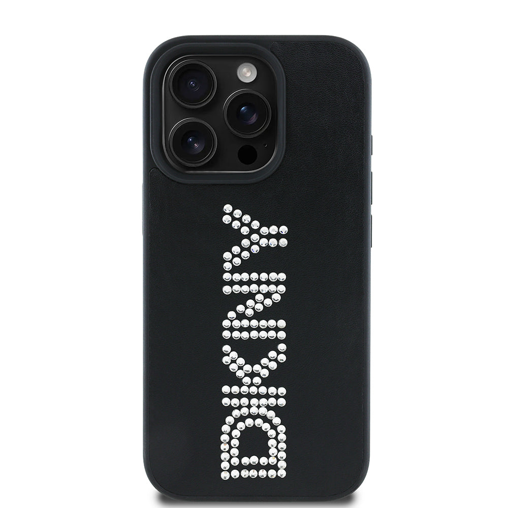 Apple iPhone 15 Pro Max Case DKNY Original Licensed Stoned DKNY Written Metallic Rhinestones PU Leather Cover Brown